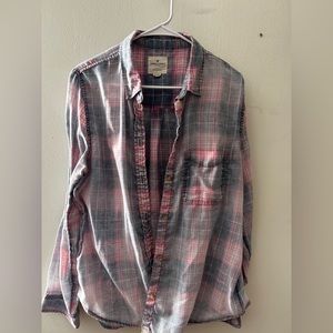 American Eagle women’s pink and black lightweight flannel, distressed, size XL
